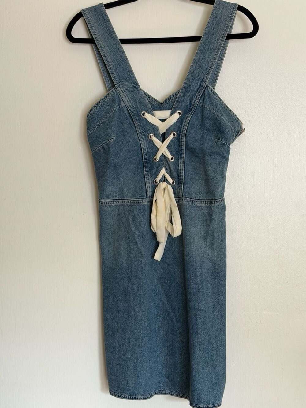 PAIGE Tula Lace Up Sleeveless Denim Overall Dress in Nolita Wash Size M